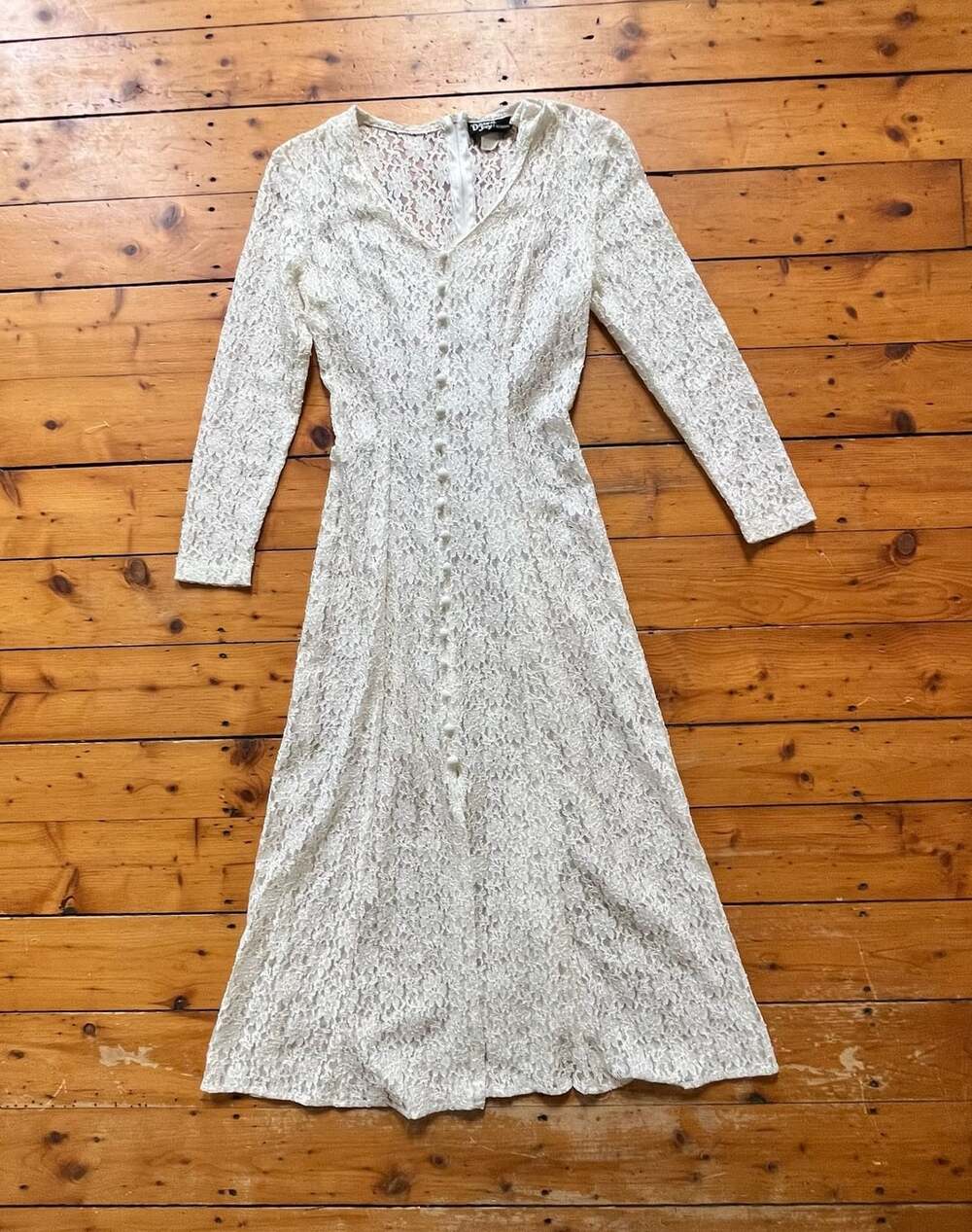 Vtg 80s Ivory Floral Lace Long Sleeve Button Midi Dress Cottagecore Bridal